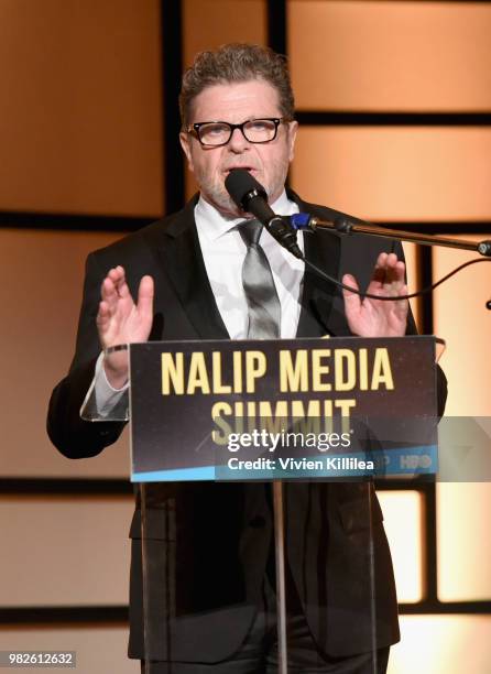 Musician Gustavo Santaolalla, recipient of the Lifetime Achievement Award, speaks onstage during the NALIP 2018 Latino Media Awards at The Ray Dolby...