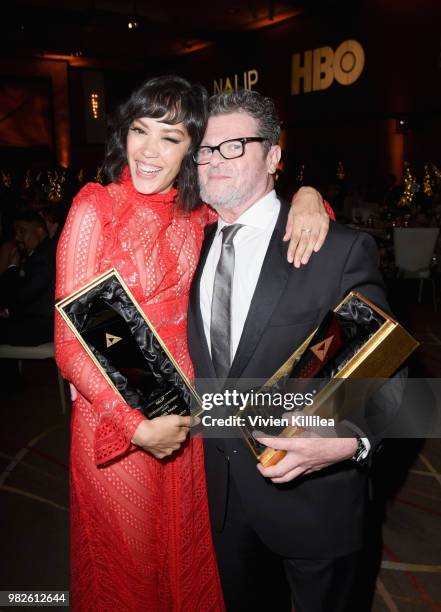 Actor Mishel Prada , recipient of Outstanding Achievement in TV Award, and musician Gustavo Santaolalla, recipient of the Lifetime Achievement Award,...