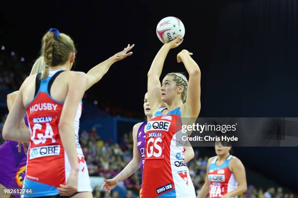 Sophie Garbin of the Swifts shoots during the round eight Super Netball match between the Firebirds and the Swifts at Brisbane Entertainment Centre...