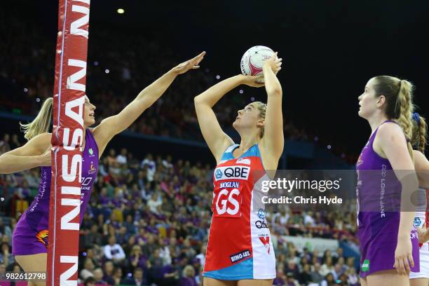 Sophie Garbin of the Swifts shoots during the round eight Super Netball match between the Firebirds and the Swifts at Brisbane Entertainment Centre...
