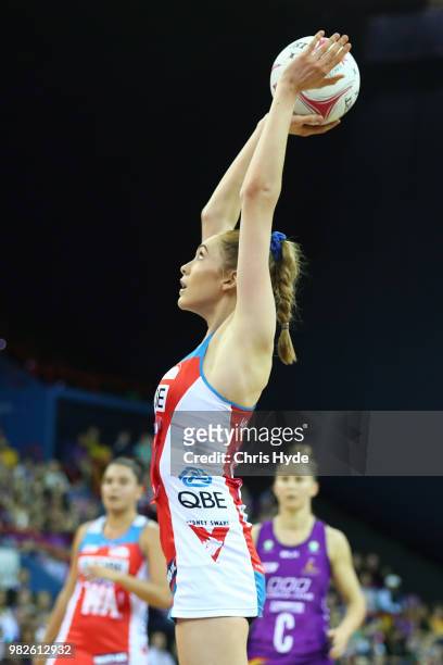 Helen Housby of the Swifts shoots during the round eight Super Netball match between the Firebirds and the Swifts at Brisbane Entertainment Centre on...
