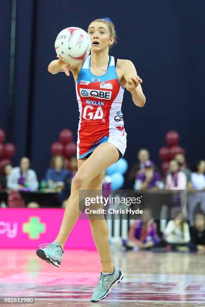 Helen Housby of the Swifts passes during the round eight Super Netball match between the Firebirds and the Swifts at Brisbane Entertainment Centre on...