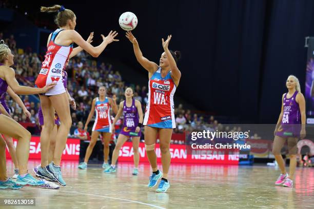 Paige Hadley of the Swifts passes during the round eight Super Netball match between the Firebirds and the Swifts at Brisbane Entertainment Centre on...