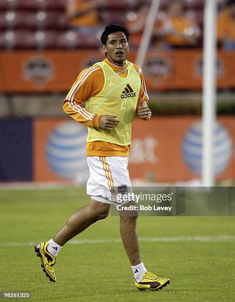 Forward Brian Ching of the Houston Dynamo warms up prior to a match against Real Salt Lake at Robertson Stadium on April 1, 2010 in Houston, Texas.