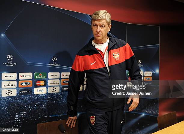 Head coach Arsene Wenger of Arsenal arrives for a press conference ahead of their UEFA Champions League quarter final second leg match against...