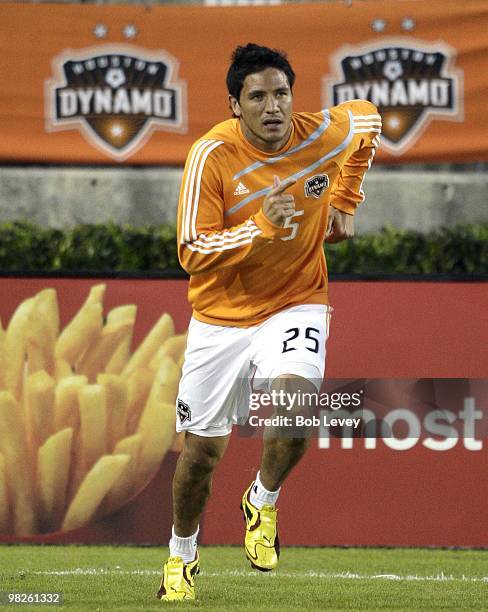 Forward Brian Ching of the Houston Dynamo warms up prior to a match against Real Salt Lake at Robertson Stadium on April 1, 2010 in Houston, Texas.