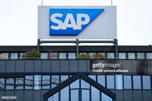 The logo of the software company SAP can be seen at its headquarters in Walldorf, Germany, 29 January 2018. The company is announcing its annual...