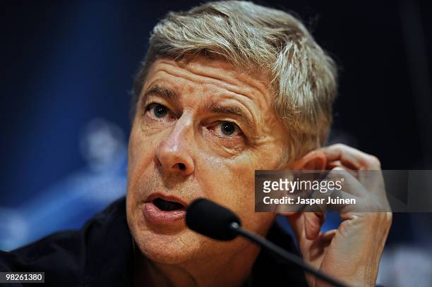 Head coach Arsene Wenger of Arsenal talks to the media during a press conference ahead of their UEFA Champions League quarter final second leg match...