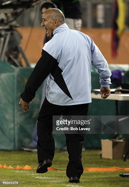 Head coach Dominic Kinnear of the Houston Dynamo gestures to the officials from the sidelines at Robertson Stadium on April 1, 2010 in Houston, Texas.