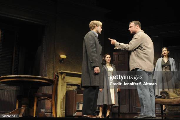 Scarlett Johansson and actors Liev Schreiber, Jessica Hecht and Morgan Spector, rehearsing scenes for Arthur Miller's play A View From The Bridge, on...