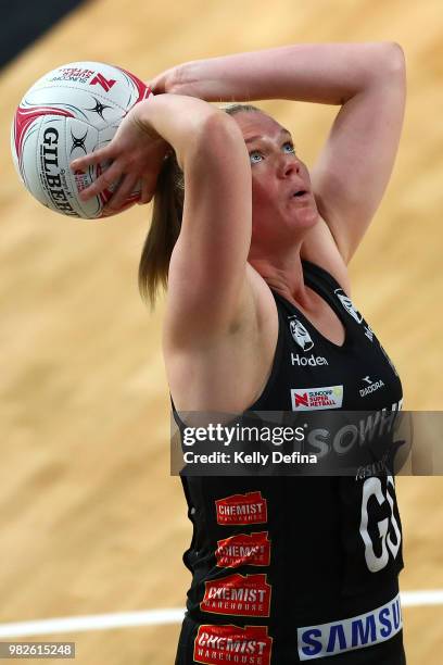 Caitlin Thwaites of the Magpies shoots during the round eight Super Netball match between Magpies and the Vixens at Margaret Court Arena on June 24,...