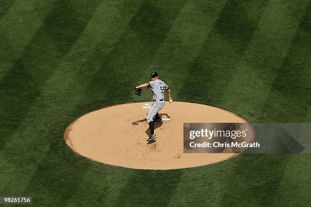 Josh Johnson of the Florida Marlins pitches against the New York Mets during their Opening Day game at Citi Field on April 5, 2010 in the Flushing...