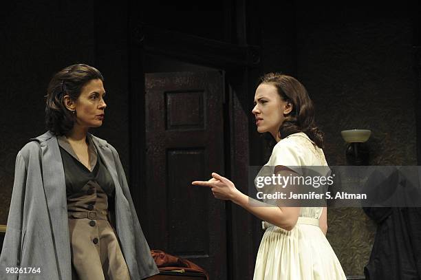 Actress Scarlett Johansson and actress Jessica Hecht rehearsing scenes for Arthur Miller's play A View From The Bridge, on Broadway in New York City,...