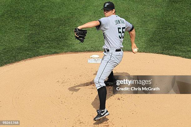 Josh Johnson of the Florida Marlins pitches against the New York Mets during their Opening Day game at Citi Field on April 5, 2010 in the Flushing...