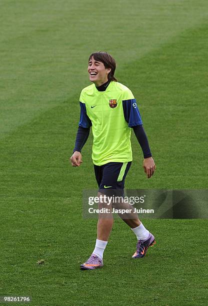 Bojan Krkic of Barcelona laughs during a training session ahead of their UEFA Champions League quarter final second leg match against Arsenal at the...