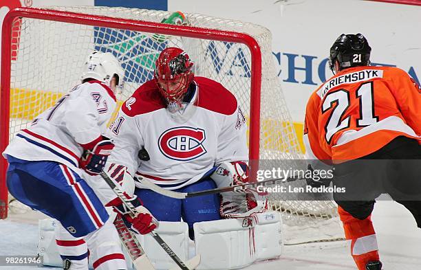 James van Riemsdyk of the Philadelphia Flyers takes a shot on goal against Jaroslav Halak of the Montreal Canadiens on April 2, 2010 at the Wachovia...