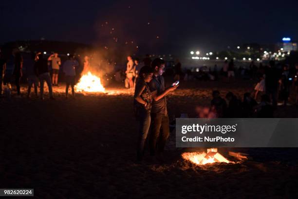 During the night of San Juan on the beach of Santander people make bonfires in which they burn the bad things of the year, in Santander, Spain, on...