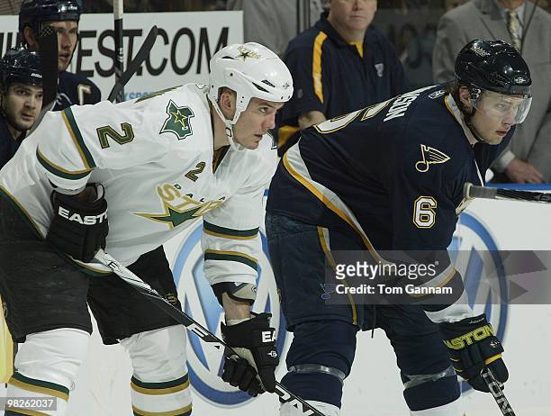 Nicklas Grossman of the Dallas Stars and Erik Johnson of the St. Louis Blues waits for a face off on April 03, 2010 at Scottrade Center in St. Louis,...