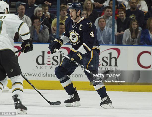 Eric Brewer of the St. Louis Blues skates against the Dallas Stars on April 03, 2010 at Scottrade Center in St. Louis, Missouri.