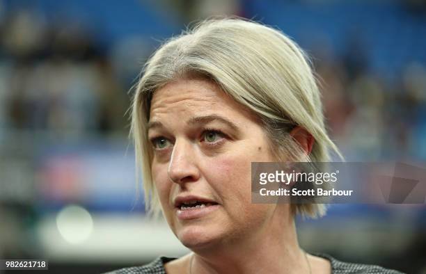 Kristy Keppich-Birrell, head coach of the Magpies looks on during the round eight Super Netball match between Magpies and the Vixens at Margaret...