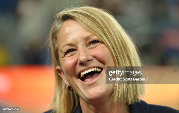 Simone McKinnis, head coach of the Vixens looks on during the round eight Super Netball match between Magpies and the Vixens at Margaret Court Arena...