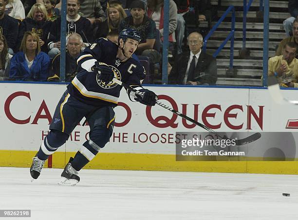 Eric Brewer of the St. Louis Blues passes the puck during a game against the Dallas Stars on April 03, 2010 at Scottrade Center in St. Louis,...