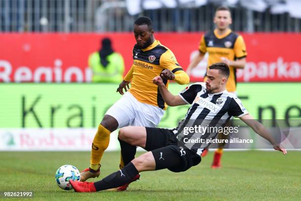 Sandhausen's Philipp Foerster and Dresden's Erich Berko vie for the ball during the German 2nd Budesliga match between SV Sandhausen and Dynamo...