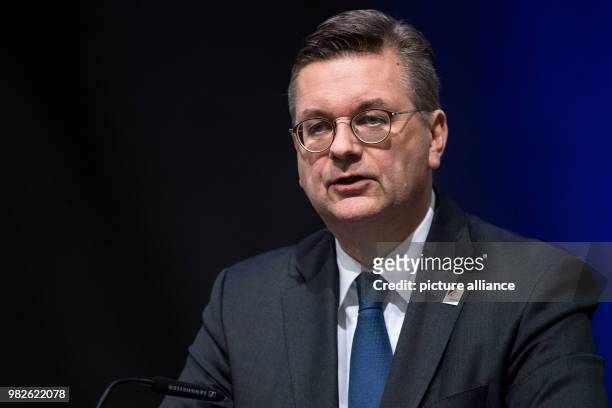 Dpatop - President of the German Football Association , Reinhard Grindel, speaks during an event held by the DFB, to commemorate soccer players who...