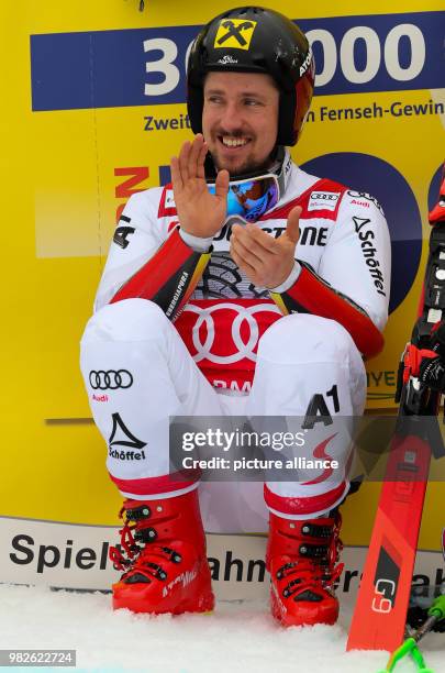 Marcel Hirscher from Austria is visibly happy after the giant slalom competition of the FIS Alpine Ski World Cup in Garmisch-Partenkirchen, Germany,...