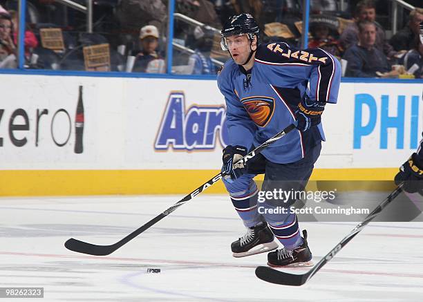 Rich Peverley of the Atlanta Thrashers carries the puck against the New York Rangers at Philips Arena on March 12, 2010 in Atlanta, Georgia.