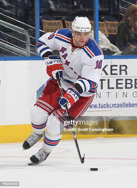 Marian Gaborik of the New York Rangers carries the puck against the Atlanta Thrashers at Philips Arena on March 12, 2010 in Atlanta, Georgia.