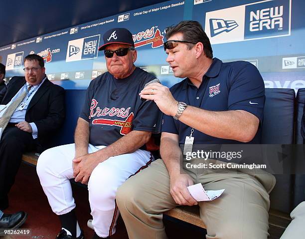 Manager Bobby Cox of the Atlanta Braves chats with the media before the game against the Chicago Cubs during Opening Day at Turner Field on April 5,...