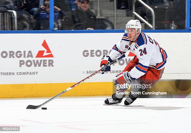 Ryan Callahan of the New York Rangers carries the puck against the Atlanta Thrashers at Philips Arena on March 12, 2010 in Atlanta, Georgia.