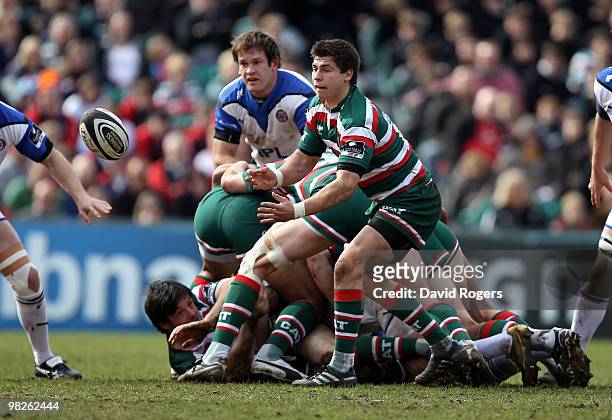 Ben Youngs of Leicester passes the ball during the Guinness Premiership match between Leicester Tigers and Bath at Welford Road on April 3, 2010 in...
