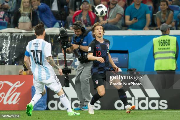 Lionel Messi ,Luka Modric during the Russia 2018 World Cup Group D football match between Argentina and Croatia at the Nizhny Novgorod Stadium in...