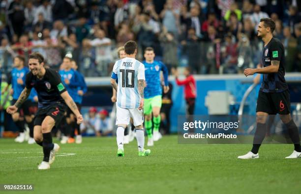Sime Vrsaljko ,Lionel Messi ,Dejan Lovren during the Russia 2018 World Cup Group D football match between Argentina and Croatia at the Nizhny...