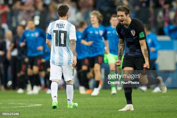 Lionel Messi ,Sime Vrsaljko during the Russia 2018 World Cup Group D football match between Argentina and Croatia at the Nizhny Novgorod Stadium in...