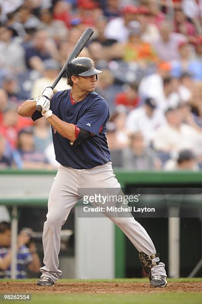 Kevin Frandsen of the Boston Red Sox takes a swing during a spring training baseball game against the Washington Nationals on April 3, 2010 at...