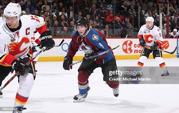 Matt Duchene of the Colorado Avalanche skates against the Calgary Flames at the Pepsi Center on April 2, 2010 in Denver, Colorado. The Flames...