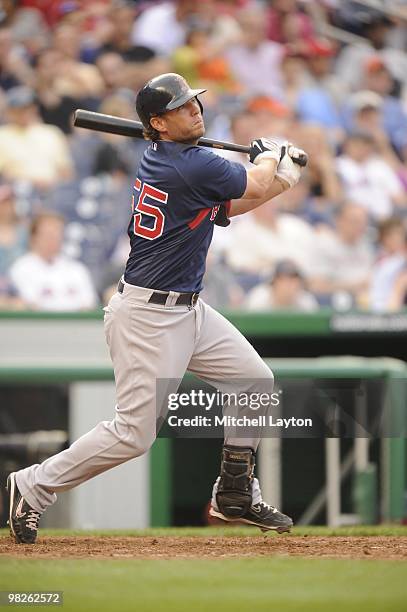 Kevin Frandsen of the Boston Red Sox takes a swing during a spring training baseball game against the Washington Nationals on April 3, 2010 at...