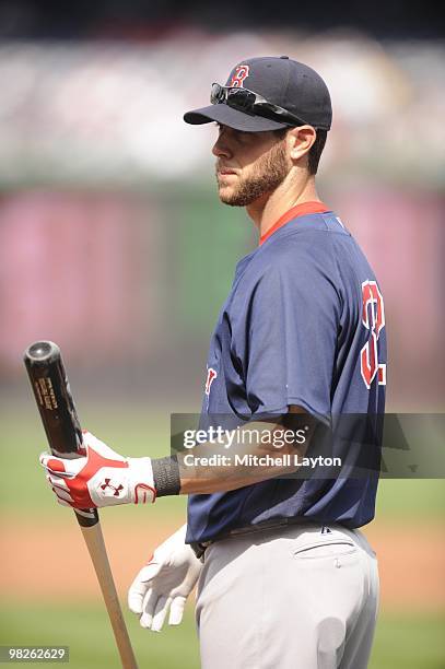 Jeremy Hermida of the Boston Red Sox looks on during batting practice of a spring training baseball game against the Washington Nationals on April 3,...