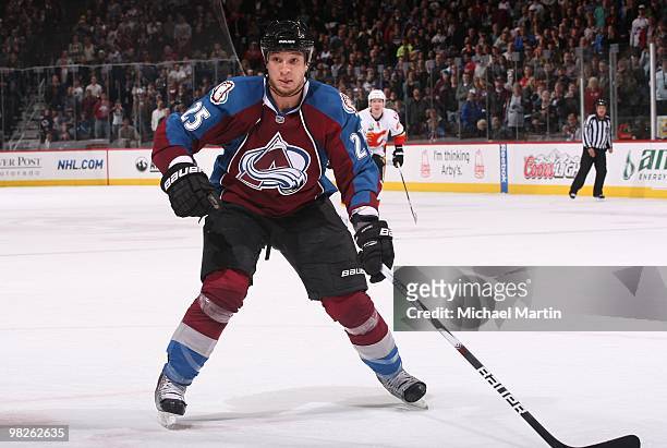 Chris Stewart of the Colorado Avalanche skates against the Calgary Flames at the Pepsi Center on April 2, 2010 in Denver, Colorado. The Flames...