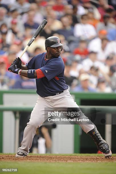 Bill Hall of the Boston Red Sox takes a swing during a spring training baseball game against the Washington Nationals on April 3, 2010 at Nationals...