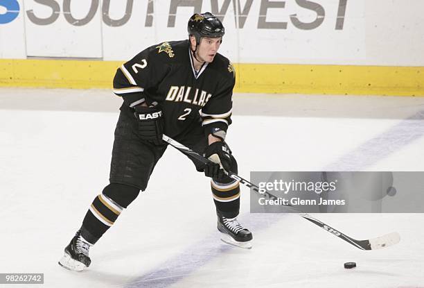 Nicklas Grossman of the Dallas Stars skates against the Edmonton Oilers on April 2, 2010 at the American Airlines Center in Dallas, Texas.