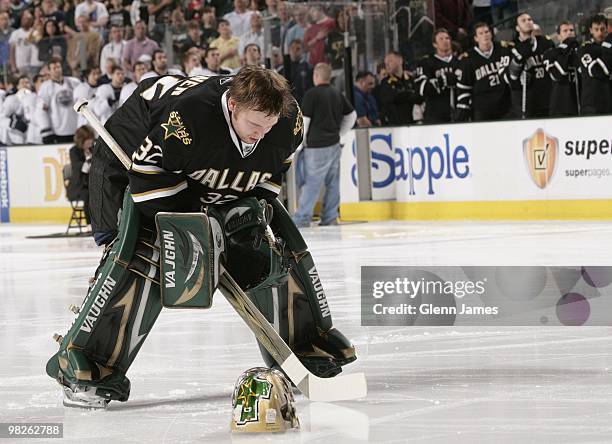 Kari Lehtonen of the Dallas Stars gets set to tend goal against the Edmonton Oilers on April 2, 2010 at the American Airlines Center in Dallas, Texas.