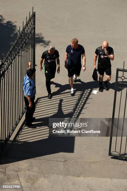 Bert van Marwijk, Head coach of Australia arrives prior to an Australian Socceroos media opportunity at Stadium Trudovye Rezervy on June 24, 2018 in...