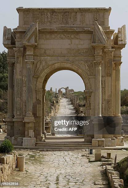 Picture shows the Septimus Severus Arch at the historical site of Leptis Magna, listed as World Heritage, in the Libyan coastal city of Lebda on...