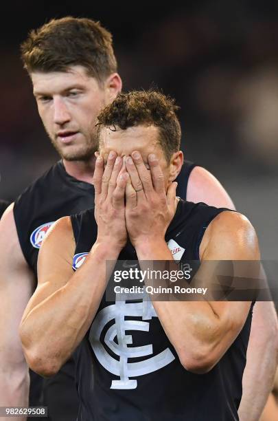 Ed Curnow of the Blues looks dejected after losing the round 14 AFL match between the Collingwood Magpies and the Carlton Blues at Melbourne Cricket...