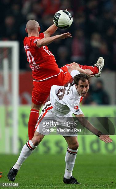 Matthias Lehmann of St. Pauli and Marco Christ of Fortuna jump for a header during the Second Bundesliga match between Fortuna Duesseldorf and FC St....