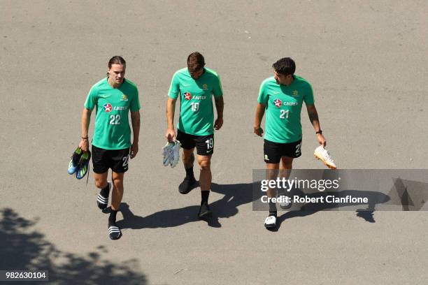 Jackson Irvine , Joshua Risdon and Dimitrios Petratos of Australia arrives prior to an Australian Socceroos media opportunity at Stadium Trudovye...